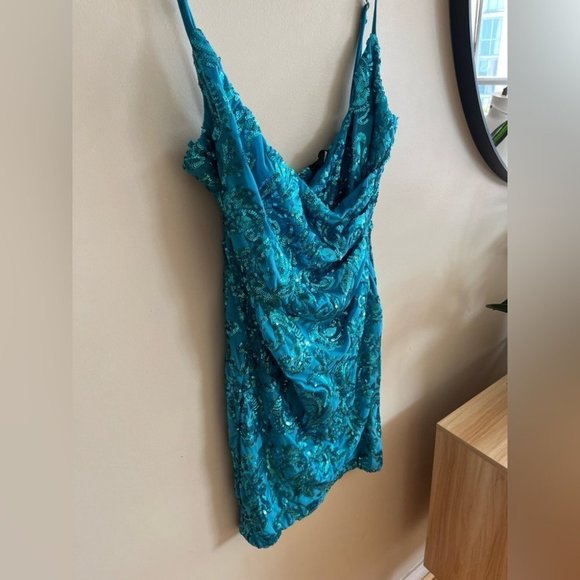 Windsor Maeve Blue Sequin Wrap Mini Dress - Picture 7 of 11